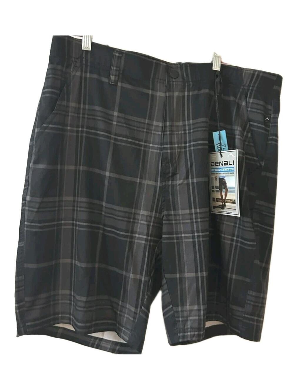 NWT Denali Men’s Plaid Boardshorts Size 36W Gray Black Hybrid Swim Shorts